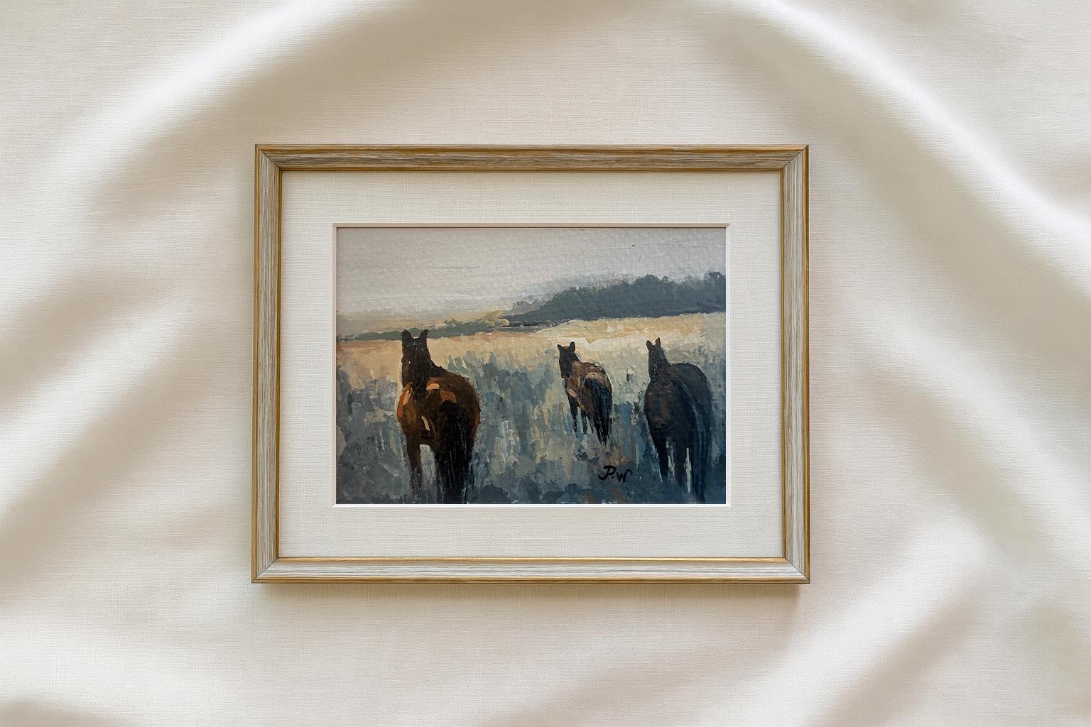 Framed Original Horses in Field Watercolor Painting