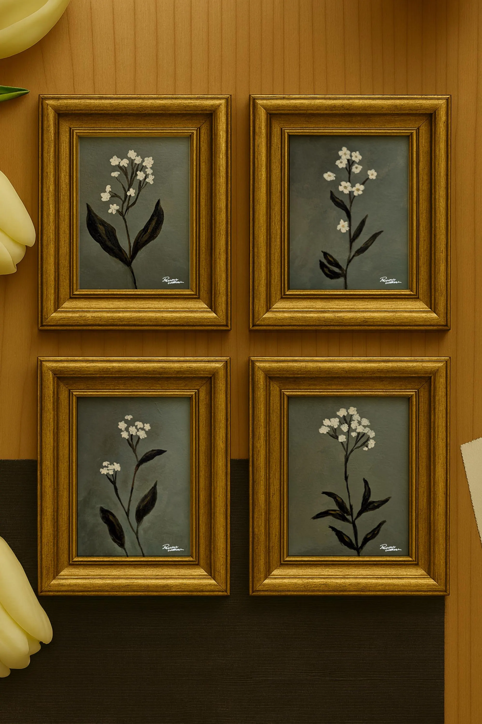 Set of 4 Framed Original Botanical Acrylic Paintings
